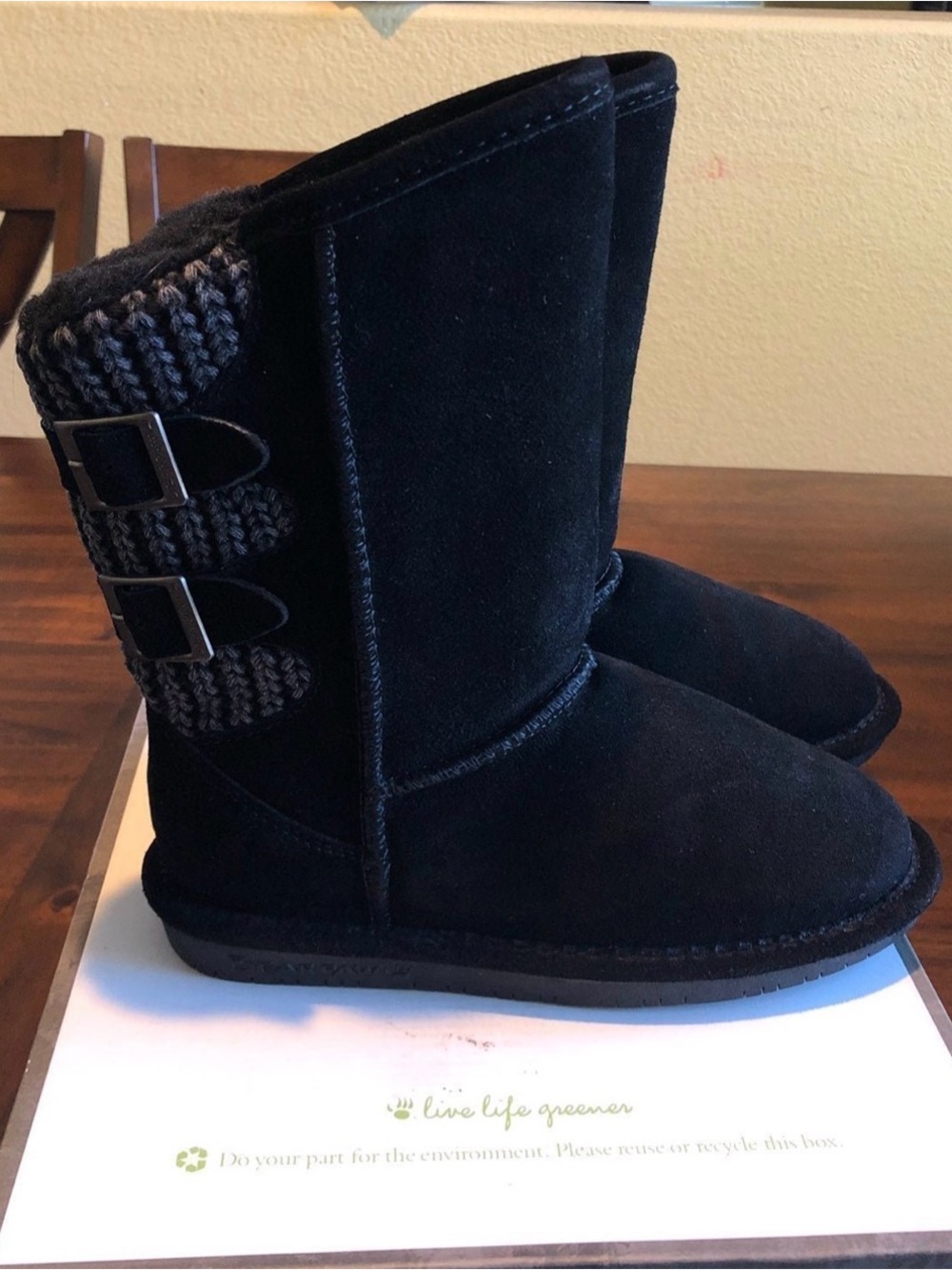 BearPaw Black Suede Knit-Trim Girls' Winter Boots
